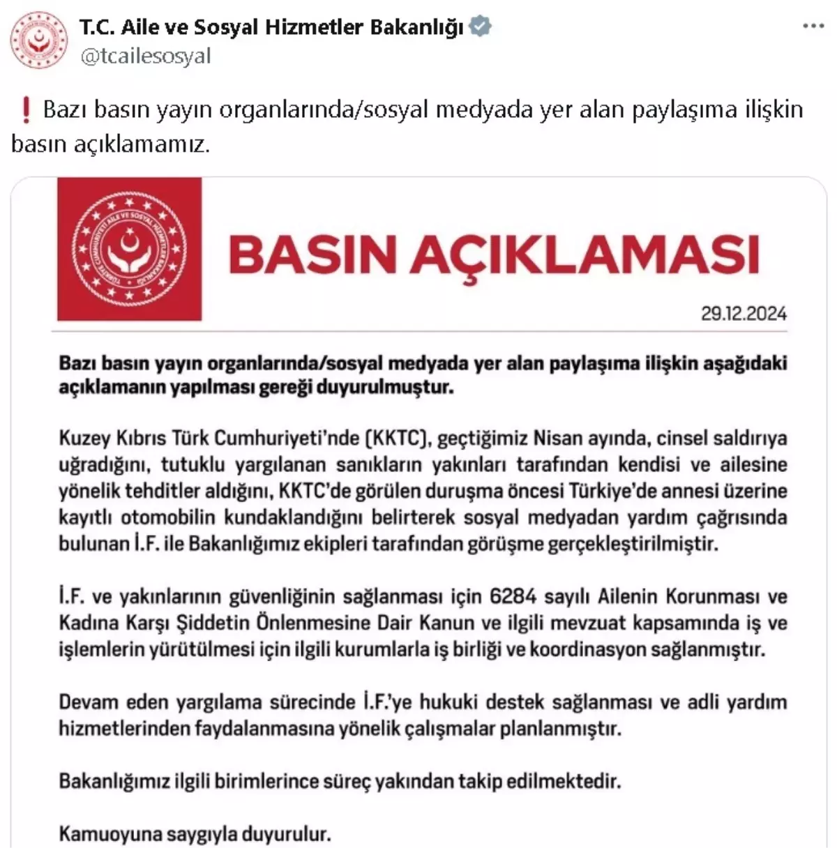 KKTC’de Cinsel Saldırıya Uğrayan İ.F.’ye Bakanlıktan Hukuki Destek